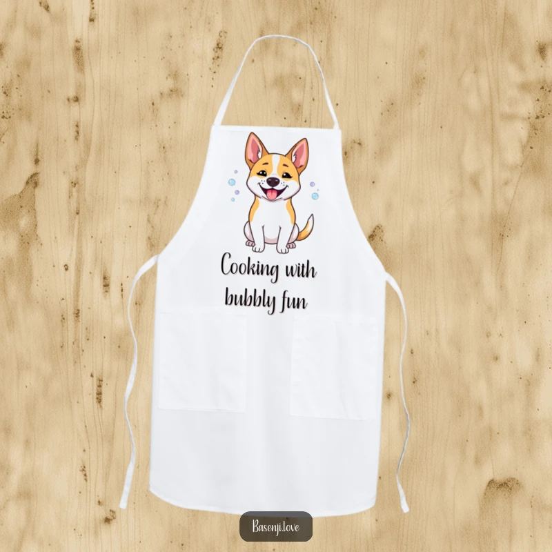 Funny Basenji apron depicting a dog happily panting, exhaling a playful cloud of small bubbles.