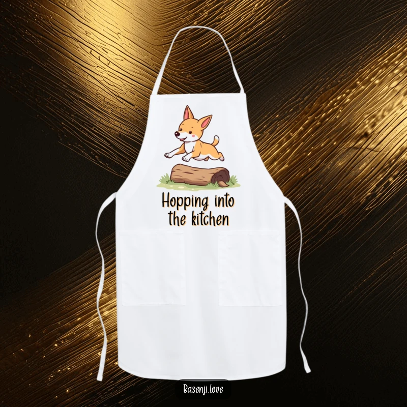 Funny Basenji apron showing a dog in a dynamic leap, ready for kitchen action.