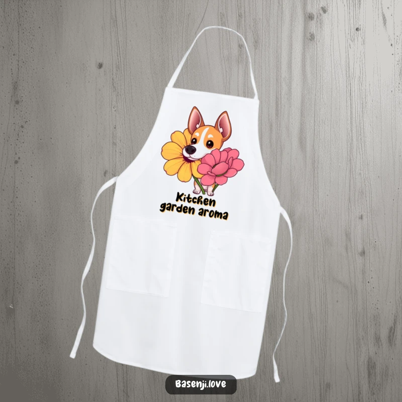 Funny apron with a Basenji with wide, curious eyes sniffing a giant, colorful flower.
