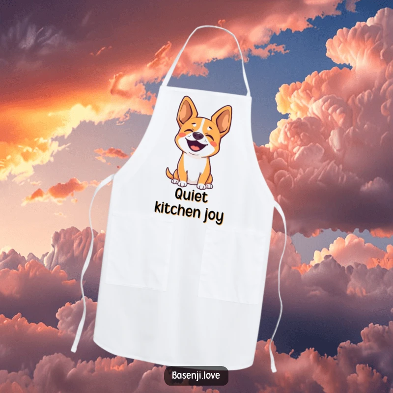 Funny apron with a cute Basenji with perked ears, joyfully barking silently, perfect for kitchen fun.