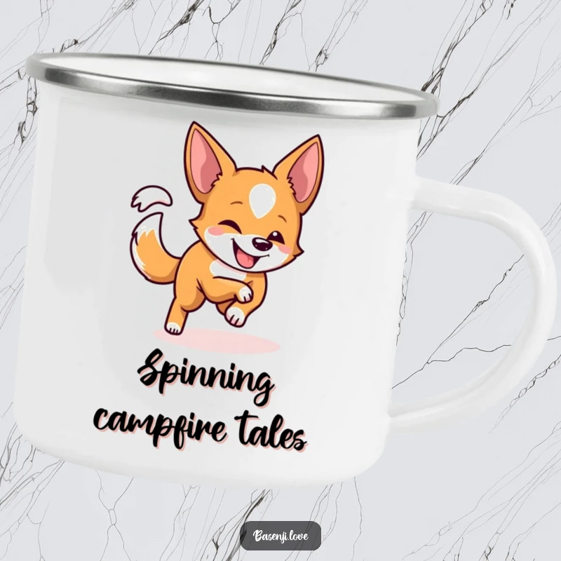 Funny camping mug with a Basenji with a playful grin, energetically chasing its tail in a circle.