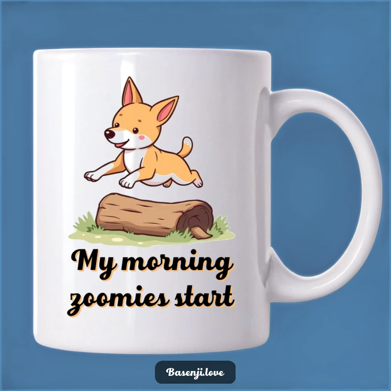 Funny Basenji Leaping Mug: Hilarious Dog Action Art for a Perfect Gift
