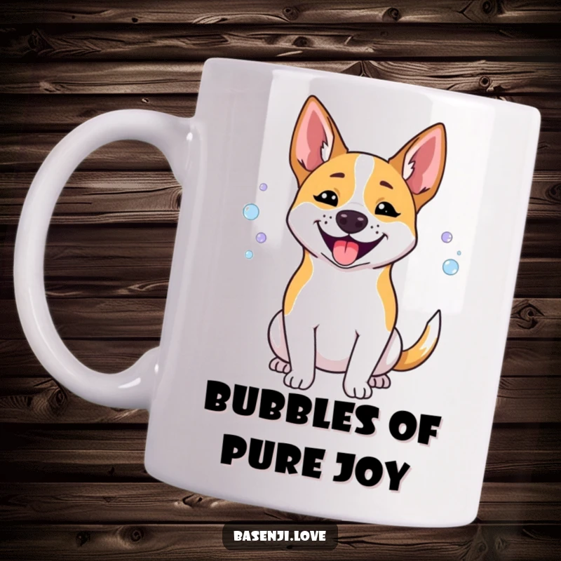 Funny Basenji mug featuring a happy dog panting small, iridescent bubbles, conveying pure delight.