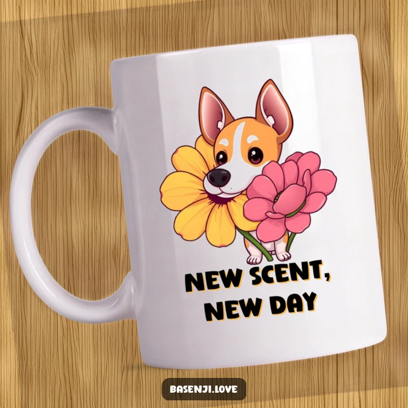 Funny mug of a Basenji with wide, curious eyes intently sniffing a giant, vibrant, colorful flower.