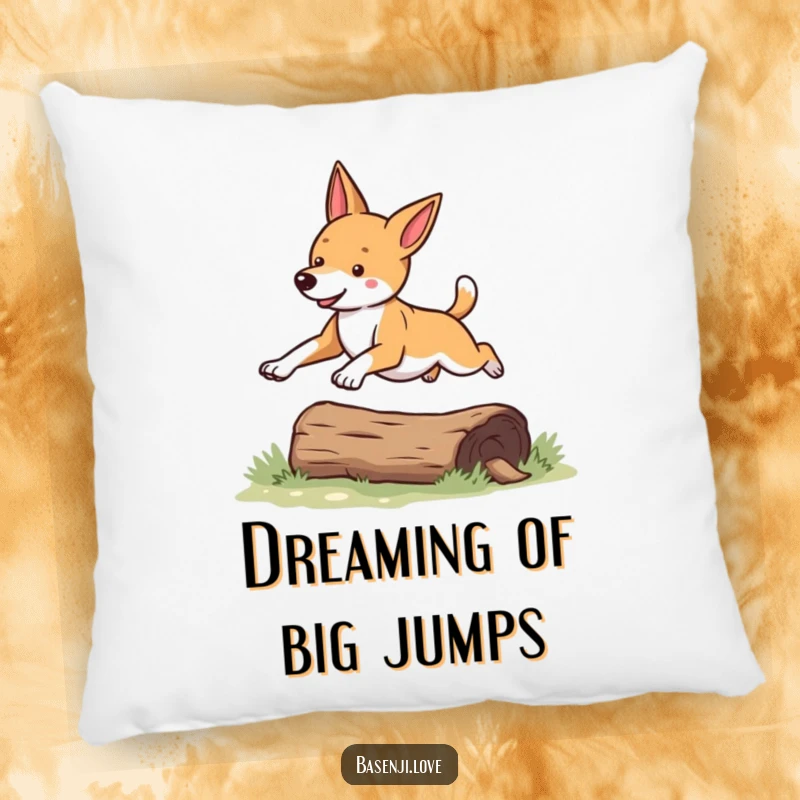 Funny Basenji pillow showcasing a happy dog leaping over a log, adding a touch of whimsy.