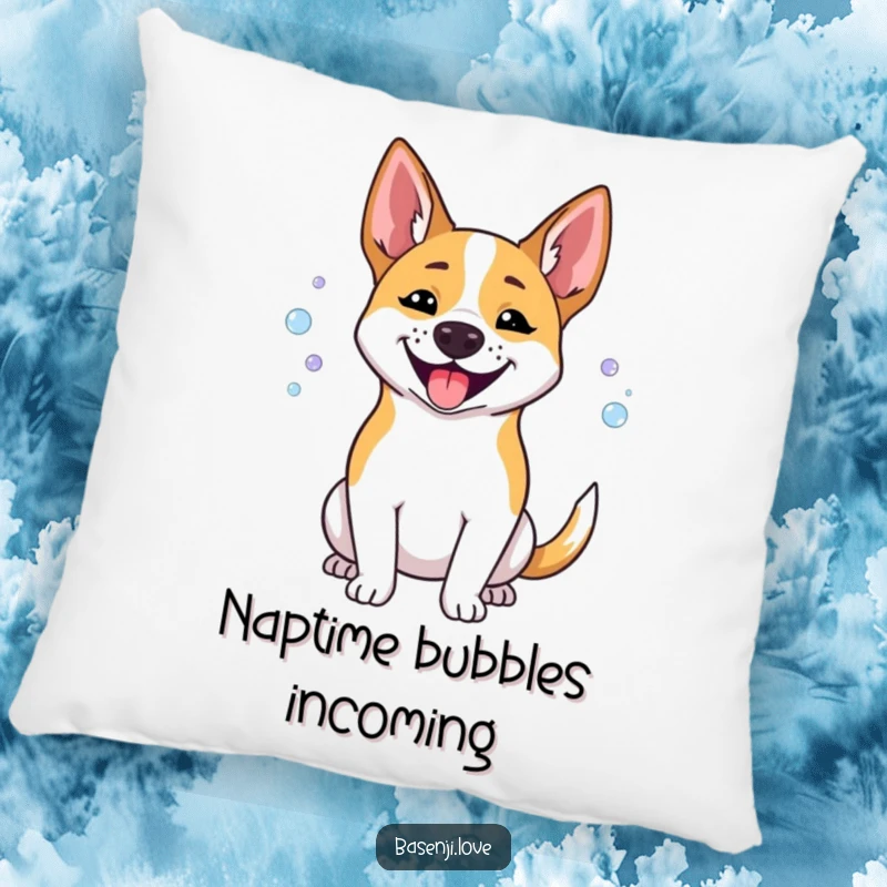 Funny Basenji pillow showing a happy dog panting, with charming little bubbles floating around its happy face.