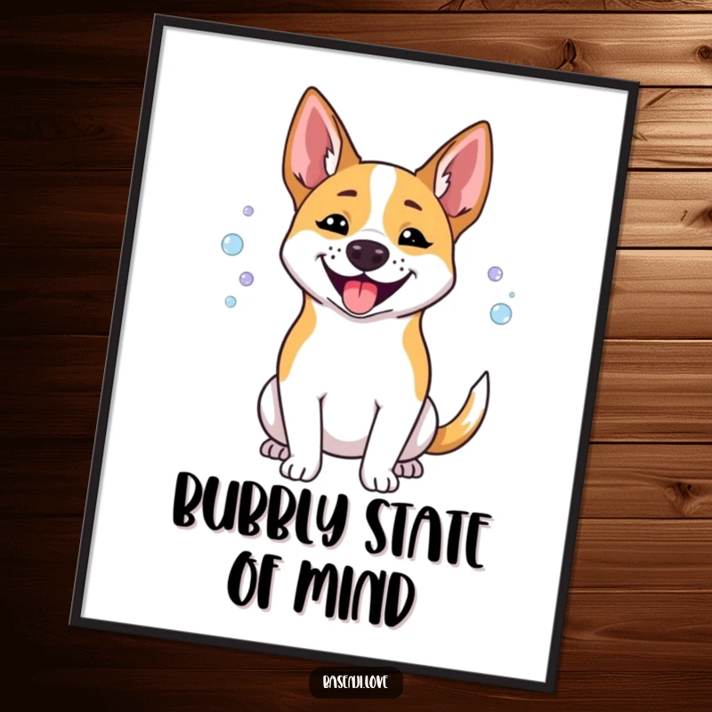 Funny Basenji digital art print of a happy dog panting small bubbles, perfect for joyful decor.