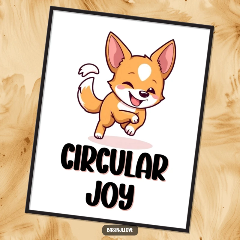 Funny digital art print of a Basenji with a playful grin, energetically chasing its tail in a circle.