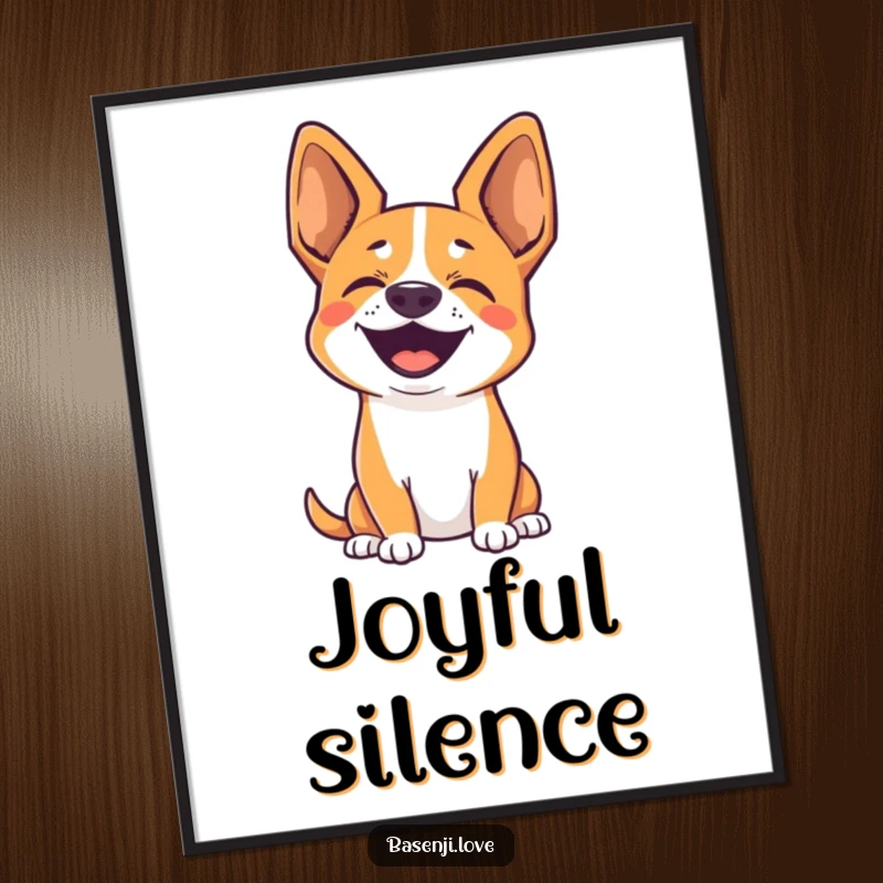 Funny digital art print of a cute Basenji with perked ears, joyfully barking silently, for instant decor.