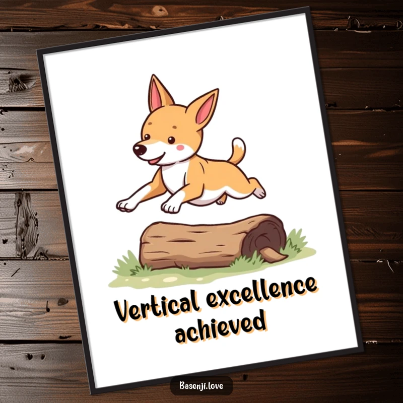 Funny Basenji digital art print showing a dog leaping over a log with impressive athleticism and glee.