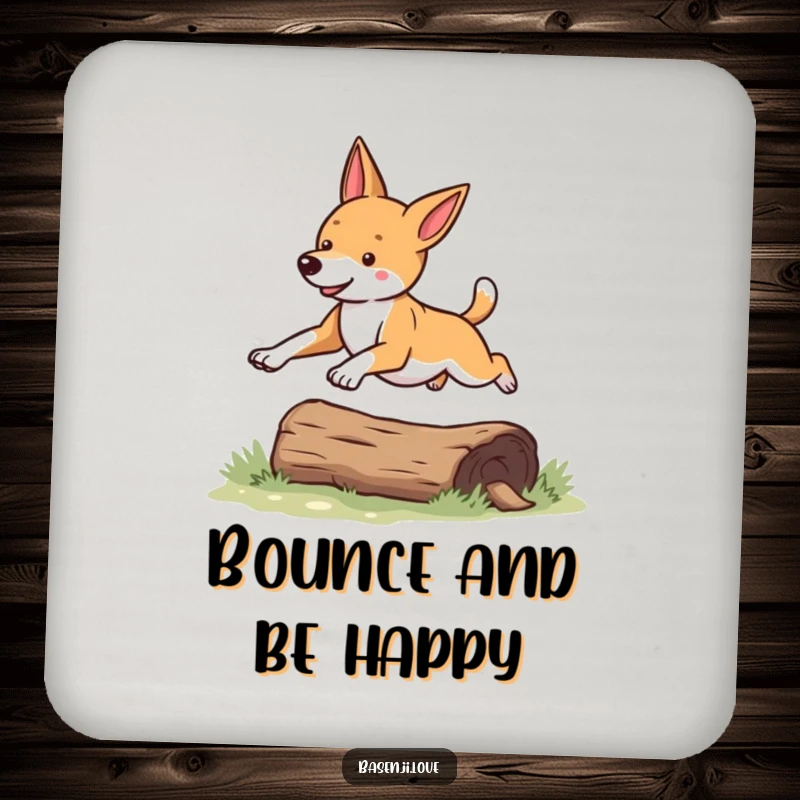Funny Basenji coaster illustrating a dog leaping over a log, adding humor to surfaces.