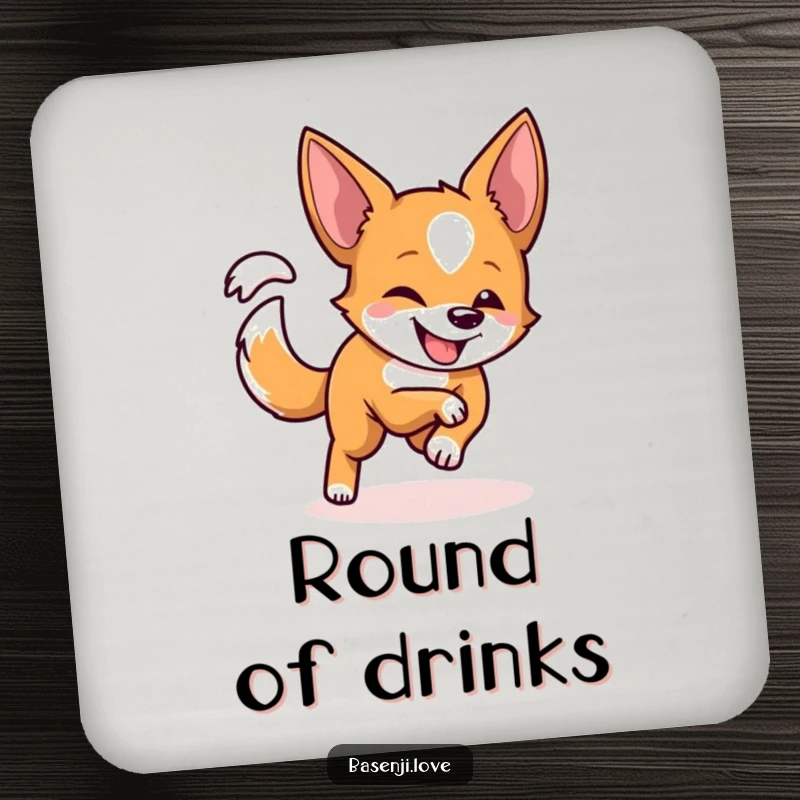 Funny drink coaster featuring a Basenji with a playful grin, spinning in a circle chasing its tail.