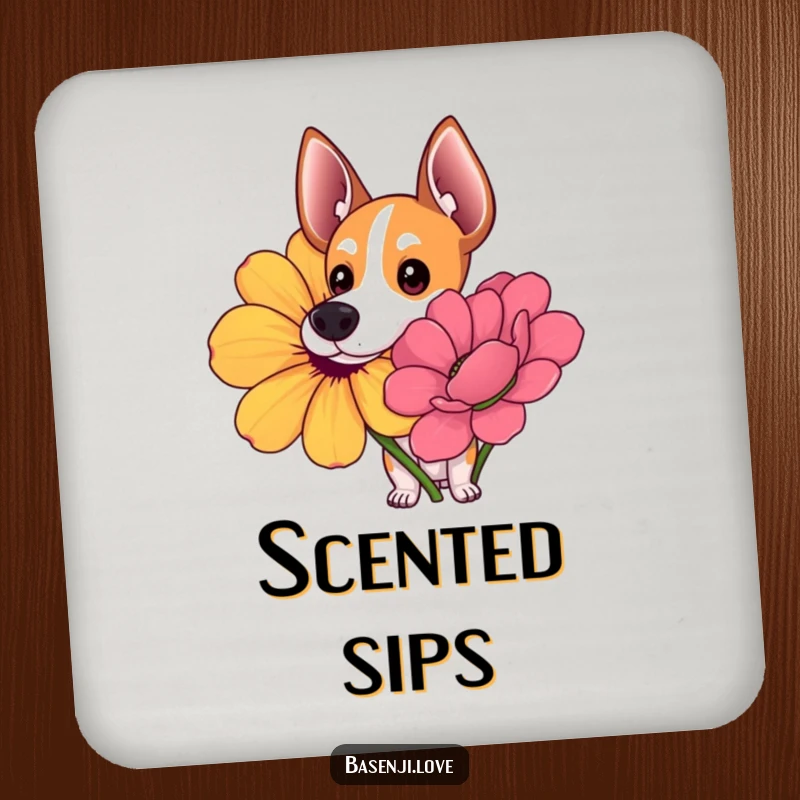 Funny drink coaster featuring a Basenji with wide, curious eyes sniffing a giant, colorful flower.