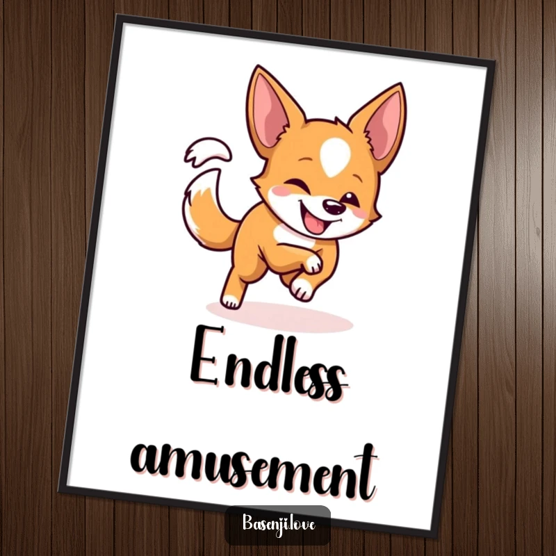Funny poster of a Basenji with a playful grin, energetically chasing its tail in a continuous circle.