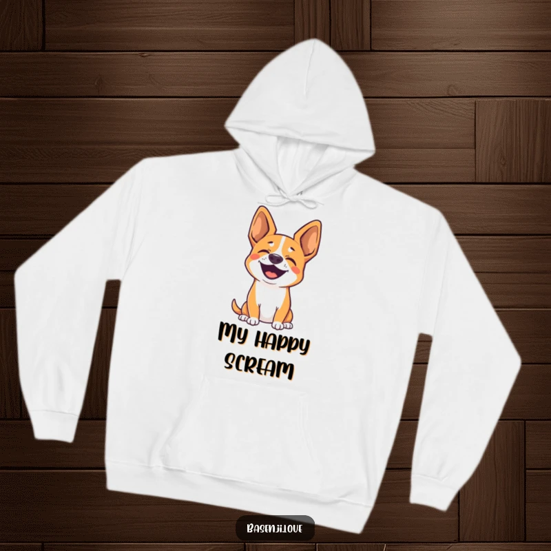 Funny hoodie depicting a cute Basenji with perked ears, joyfully barking without making a sound.