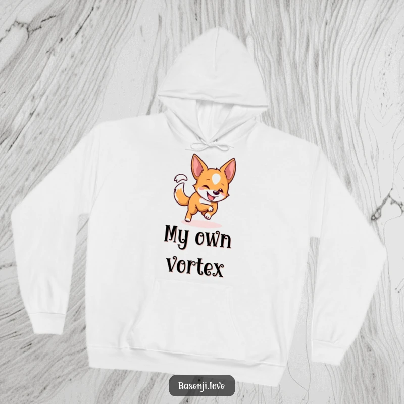 Funny hoodie depicting a Basenji with a playful grin chasing its tail in a circular motion.