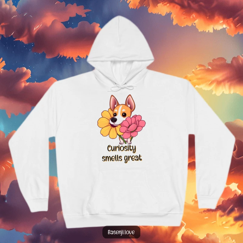 Funny hoodie depicting a Basenji with wide, curious eyes exploring and sniffing a giant, colorful flower.