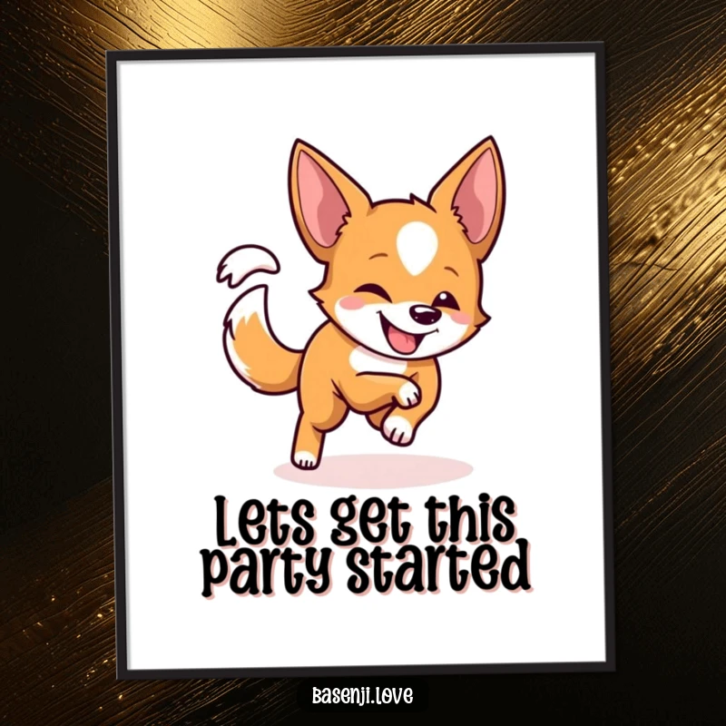 Funny free printable wall art: A happy Basenji with a playful grin is captured chasing its own tail in a comical circle.