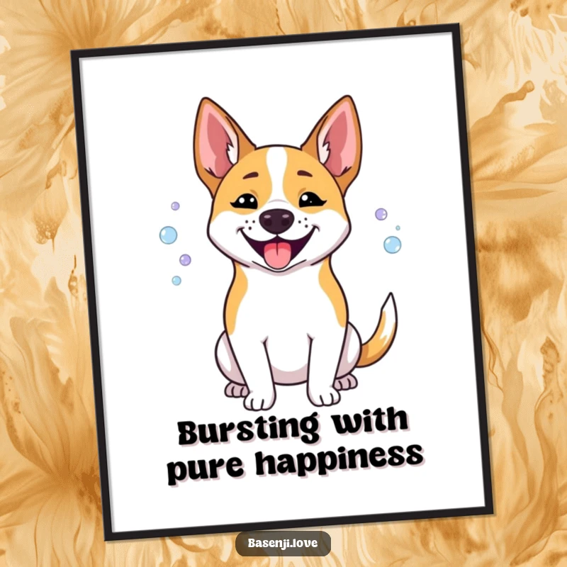 Funny Free Printable Wall Art: A Basenji dog with a happy pant, releasing small, delightful bubbles.