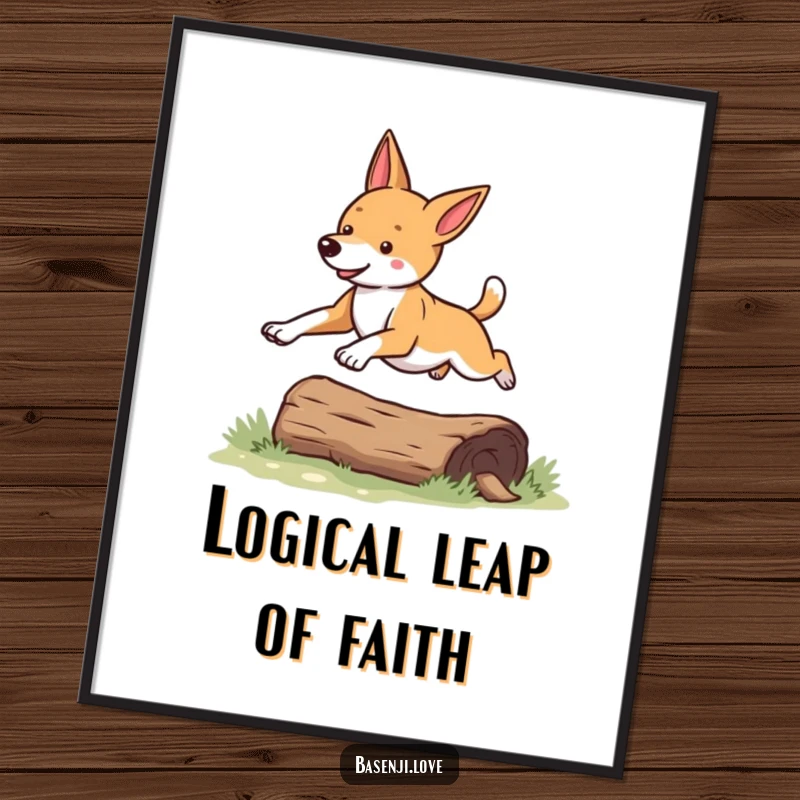 Funny Free Printable Wall Art: A Basenji dog with a spring in its step, joyfully leaping over a log.