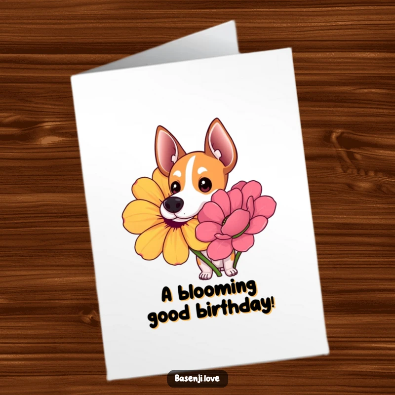Funny free printable birthday card: A Basenji with wide, curious eyes intently sniffs a giant, vibrantly colored flower.