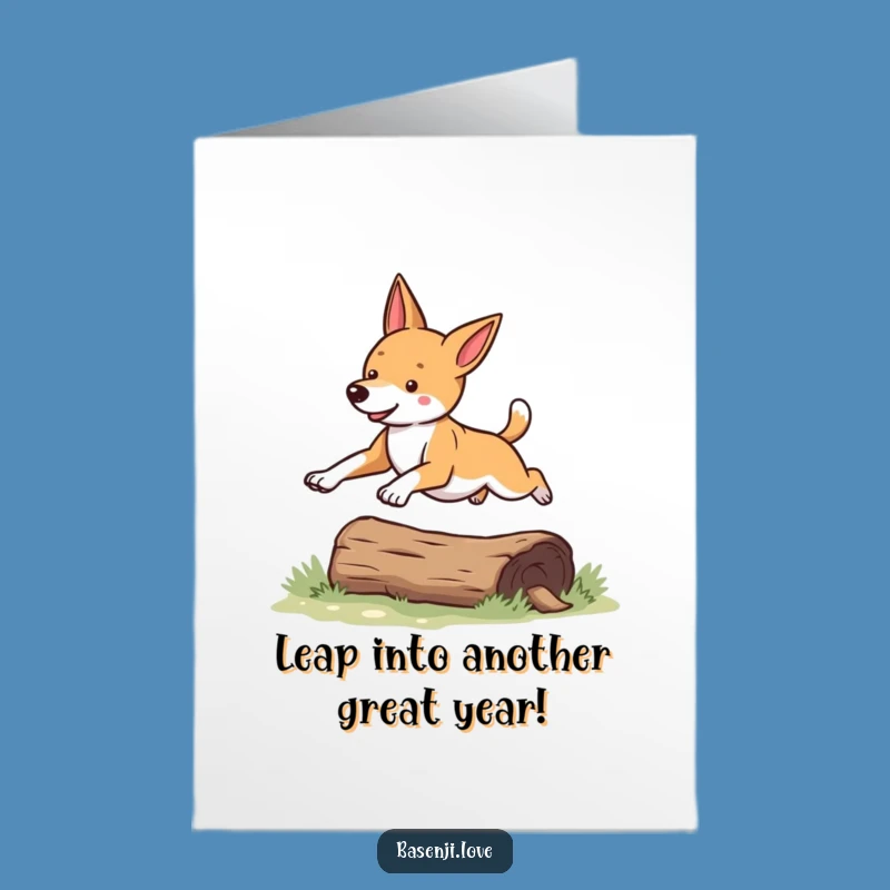 Free Printable Birthday Card: Leaping Basenji Dog - Funny Downloadable Gift for Dog Lovers