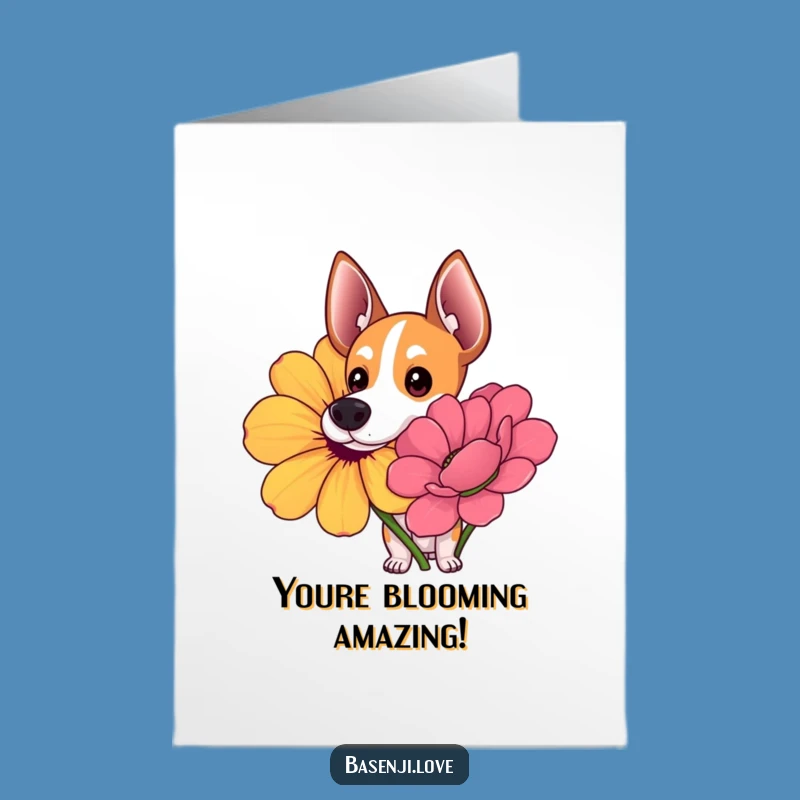 Free Printable Congratulations Card: Basenji Flower Sniff