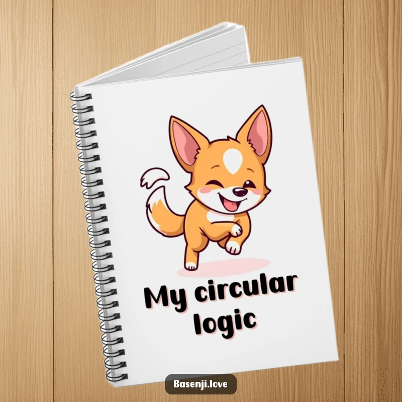 Funny notebook featuring a Basenji with a playful grin, spinning in a circle while chasing its tail.
