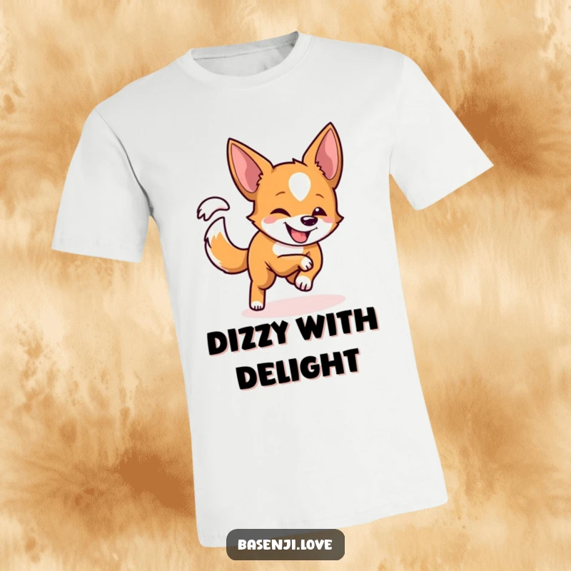 Funny T-Shirt featuring a Basenji with a playful grin chasing its own tail in a dizzying circle.
