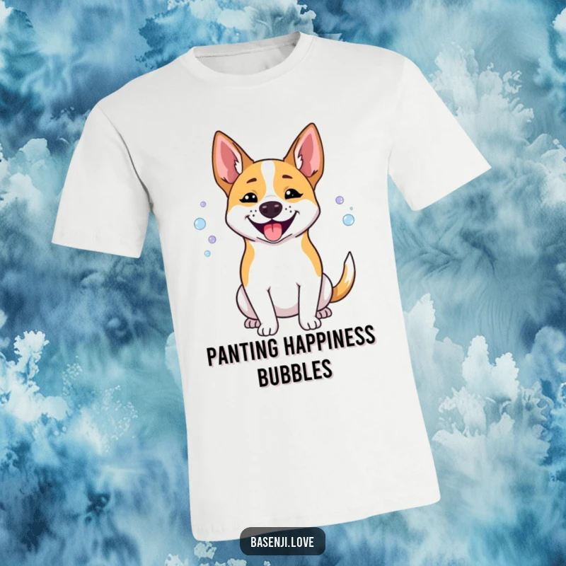 Funny Basenji t-shirt showing a dog with a happy pant, exhaling a stream of tiny, playful bubbles.